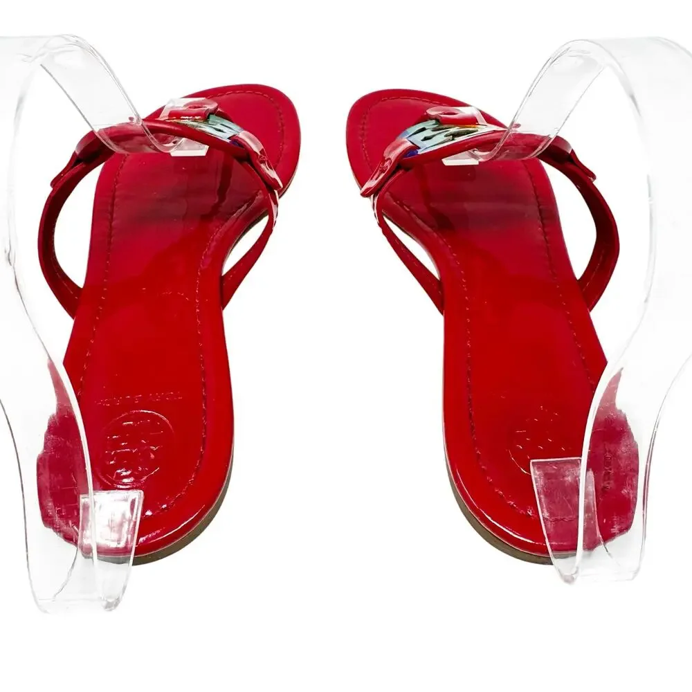 TORY BURCH Red Rainbow Patent Leather Miller Sandals Logo Medallion Size 7